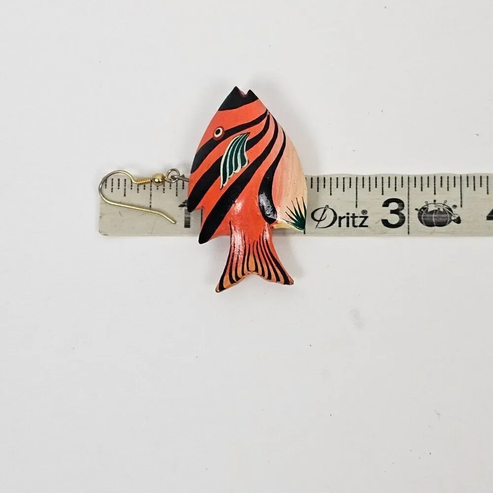 Vintage Fish Hand Painted Orange Wood Dangle Hook Pierced Tropical Boho Earrings